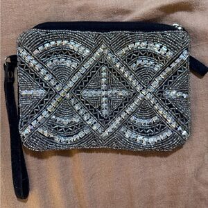 Silver Beaded Wristlet Clutch Sequin Black Sueded Cotton Zip Close Purse
